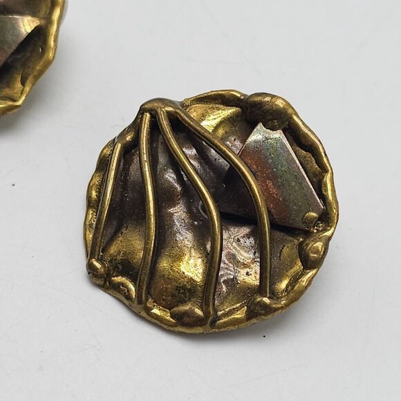Vintage Brass Abstract Clip-On Earrings Textured Design Gold-Tone Backing - Picture 3 of 6